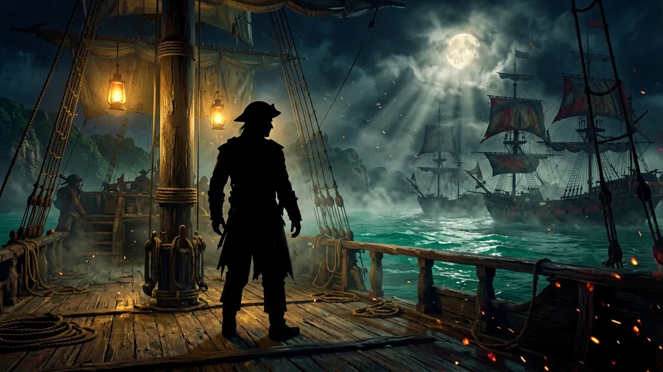 A silhouetted pirate captain stands on the wooden deck of a galleon at night, looking toward an anchored fleet under moonlight.
