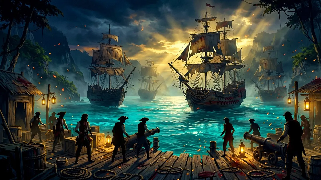 A fleet of sailing ships anchored in a hidden cove next to a busy dockyard at sunset.