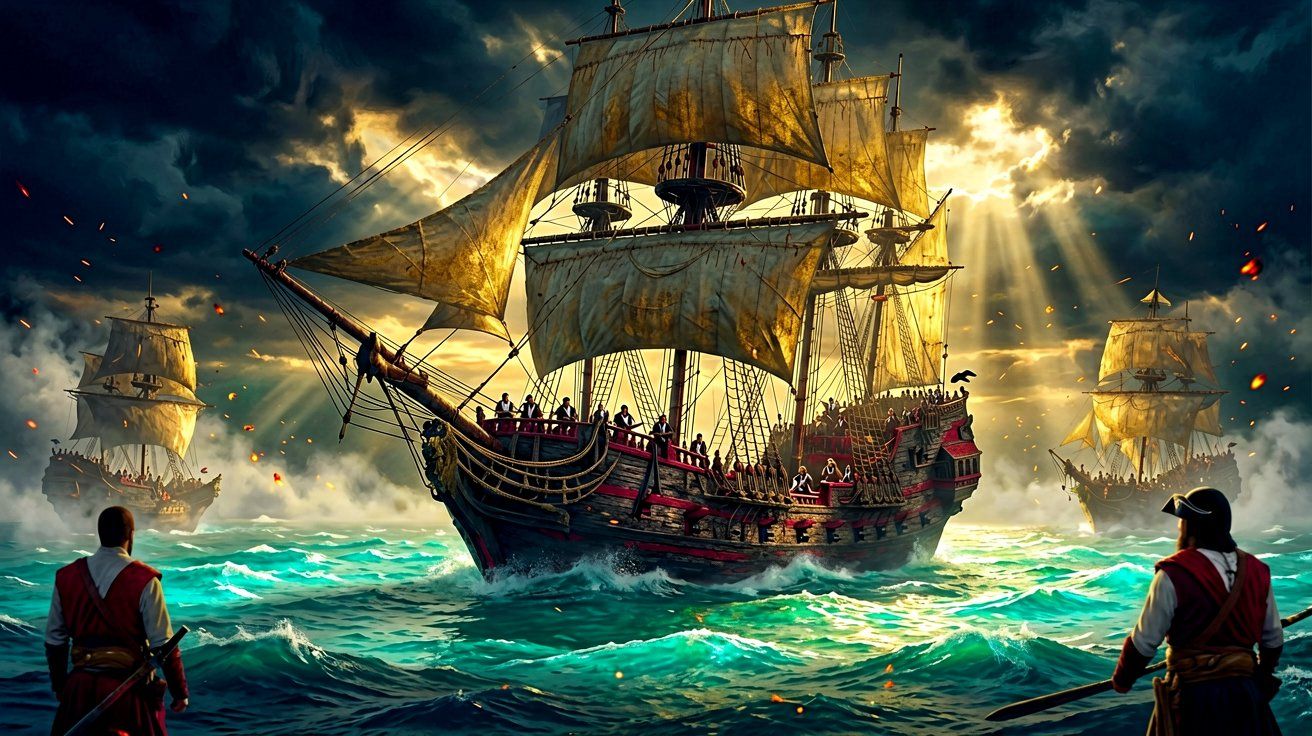Panoramic view of a large sailing ship in the Caribbean Sea at dawn.