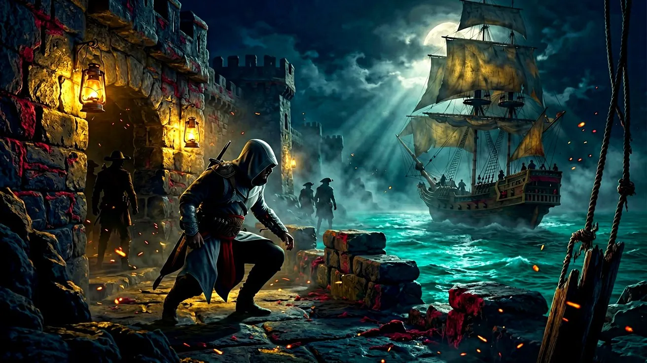 A pirate crouching in the shadows of a stone fortress at night, carefully watching heavily armed guards patrolling by torchlight.