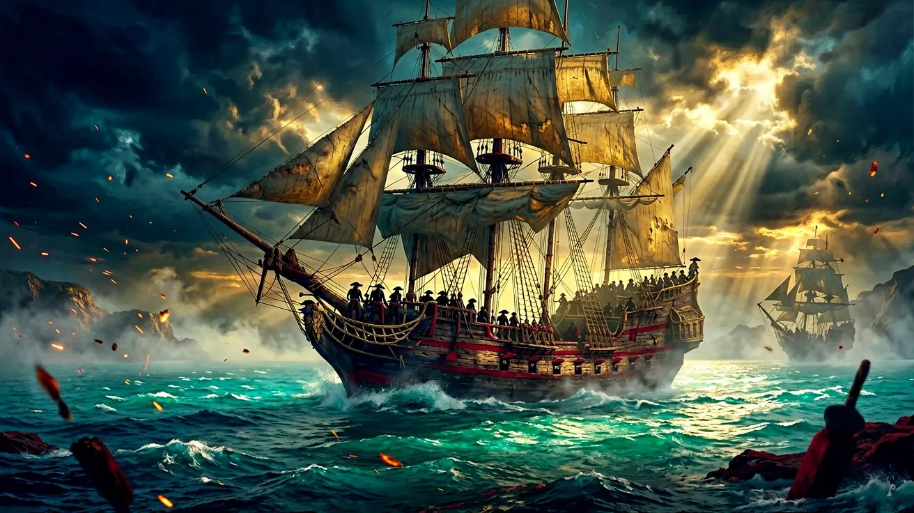 A majestic sailing warship navigating the Caribbean Sea at dawn, capturing the grand technical scale of the Black Flag Resynced engine.
