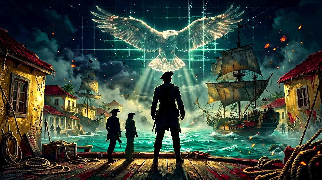 A pirate silhouette on a colonial rooftop staring at a glitched, digital night sky.