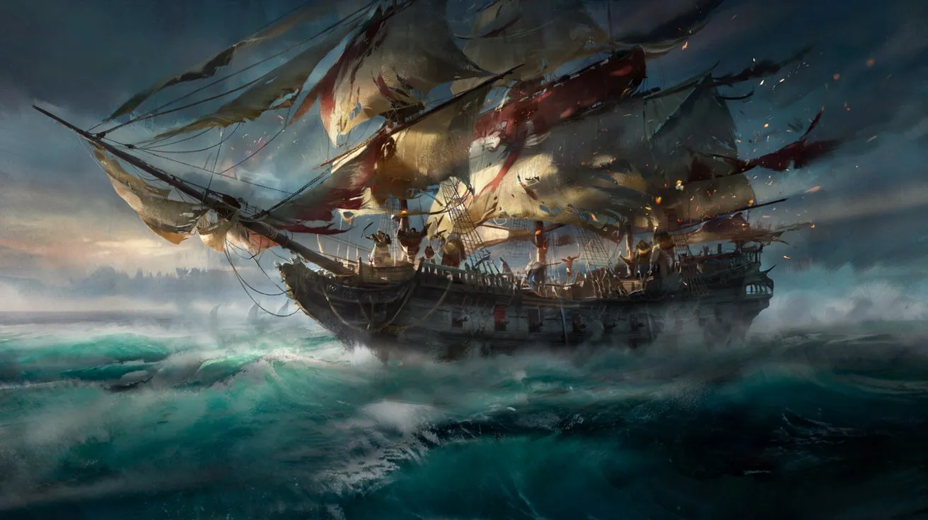 A majestic sailing warship navigating through the Caribbean sea at dawn, celebrating a major game update.