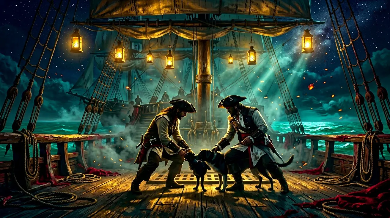 A silhouette of a pirate crouching on a wooden ship deck at night, gently petting a rescued dog.