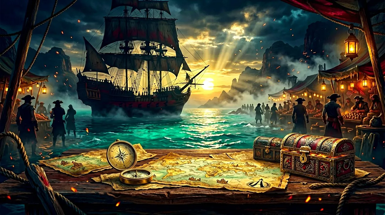 A vibrant Caribbean market at dawn, with pirates examining nautical charts and exotic gear, representing the community trading ideas and hunting for restocks.