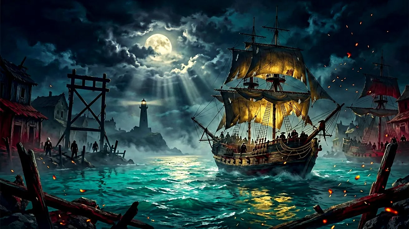 A night view of a gloomy harbor town featuring the silhouette of a gallows and a distant lighthouse against the dark sky.