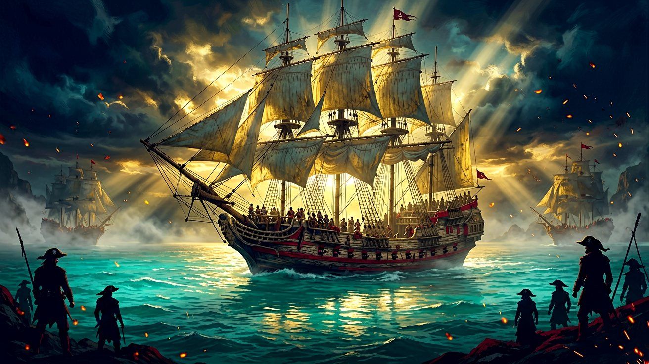 A majestic panoramic view of a massive sailing galleon on the Caribbean Sea at dawn, surrounded by a celebratory atmosphere.