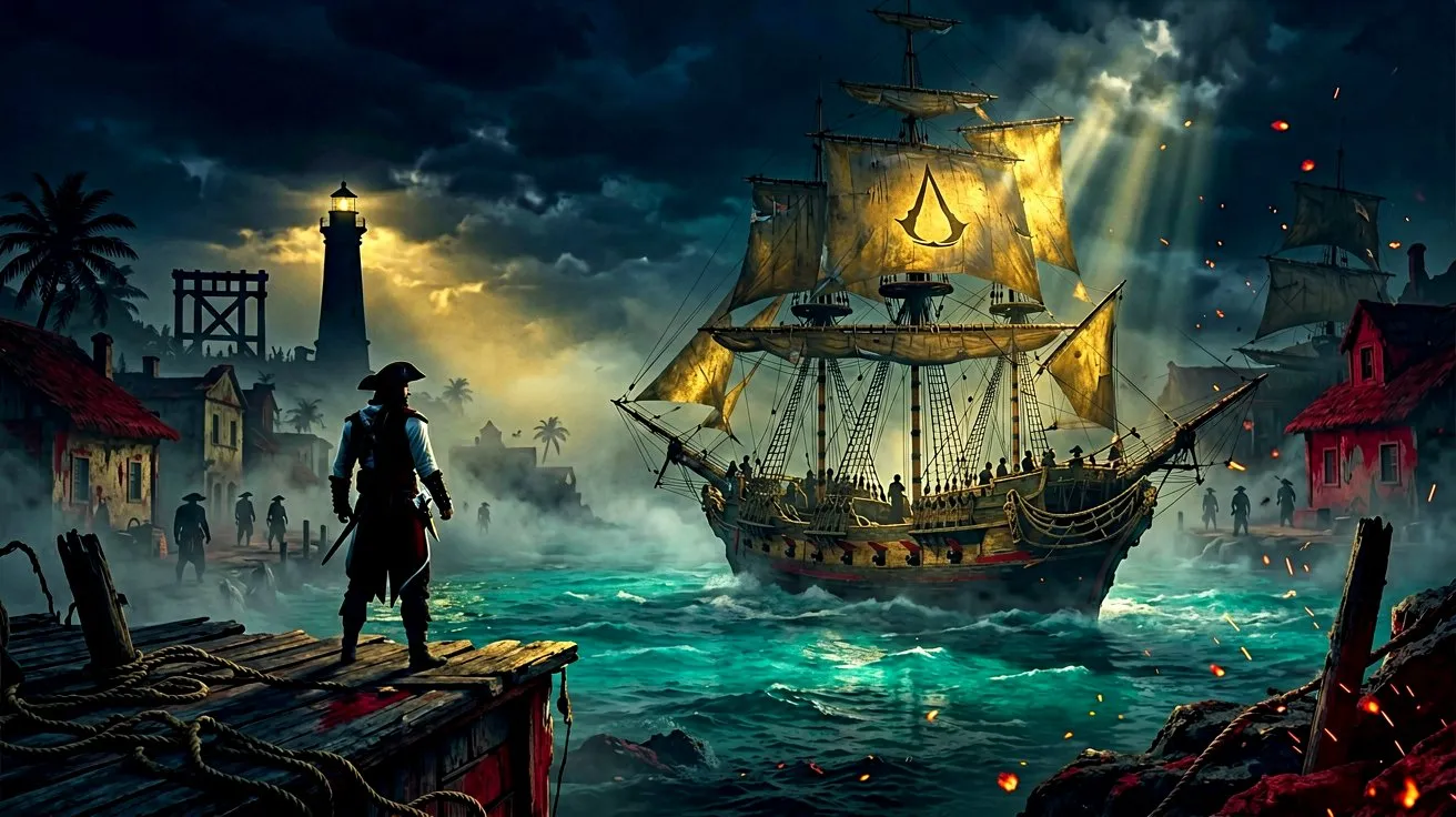 Night view of a gloomy port town with a distant lighthouse and gallows in silhouette, a lone pirate silhouette standing on a rooftop overlooking the foggy streets.