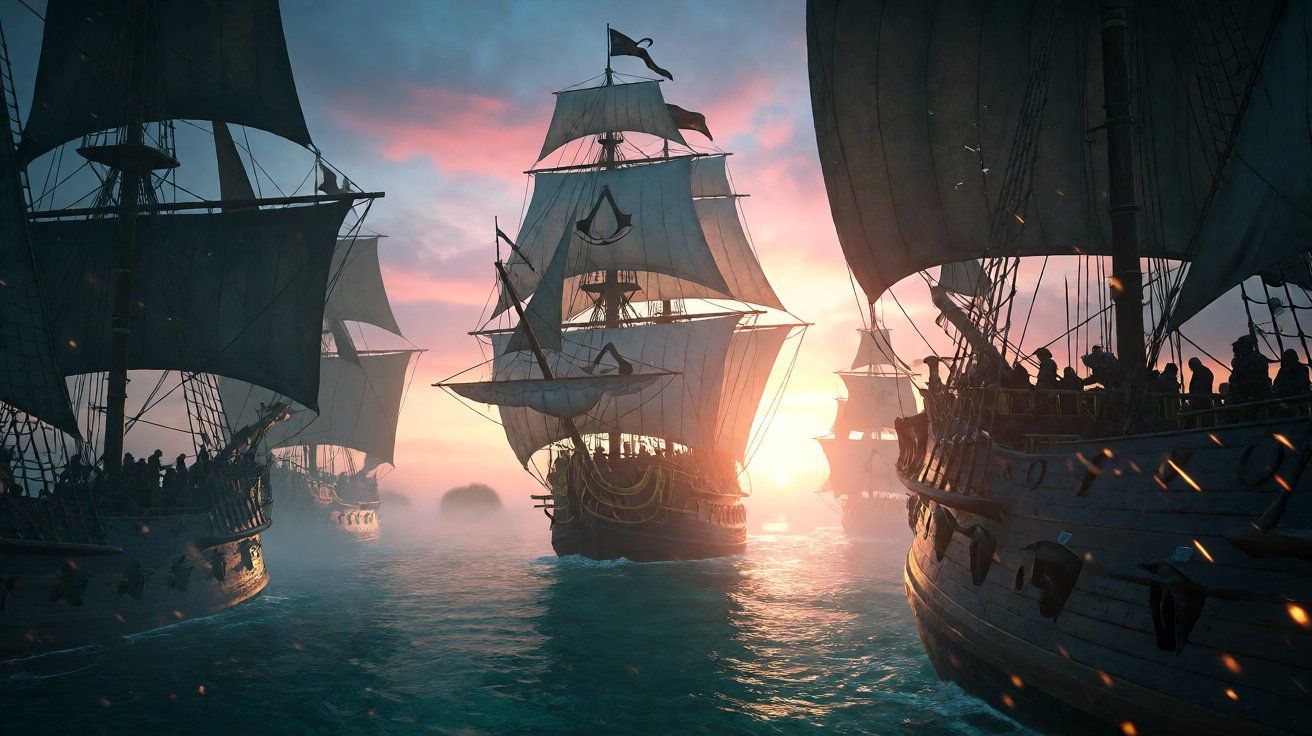 A majestic pirate galleon sailing on the calm turquoise Caribbean Sea at dawn, with the sun rising over the horizon.