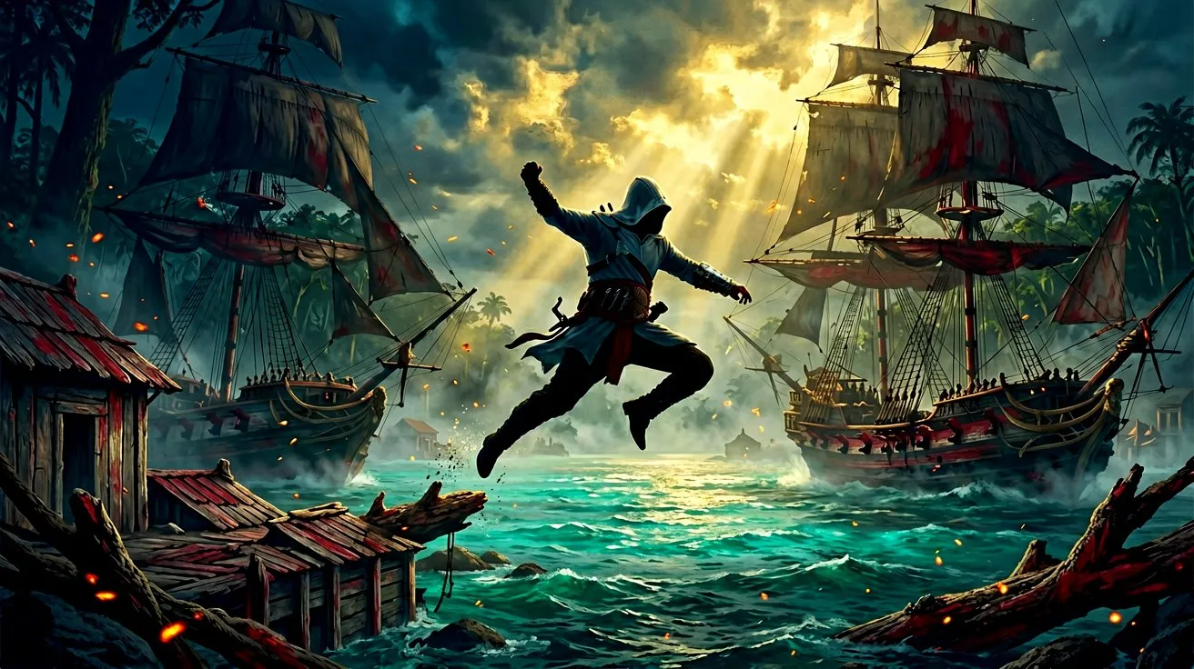 A hooded figure jumps across colonial rooftops against a backdrop of docked ships in the Caribbean.