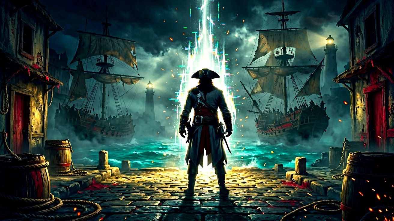 A pirate silhouette facing a glowing digital anomaly in a gloomy Caribbean port town at night.