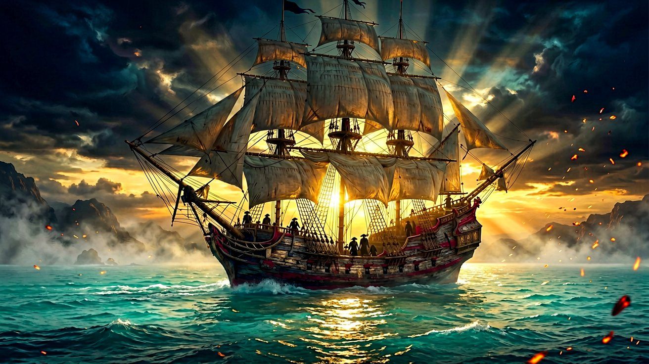 A majestic galleon sailing the Caribbean at dawn, surrounded by a celebratory atmosphere.