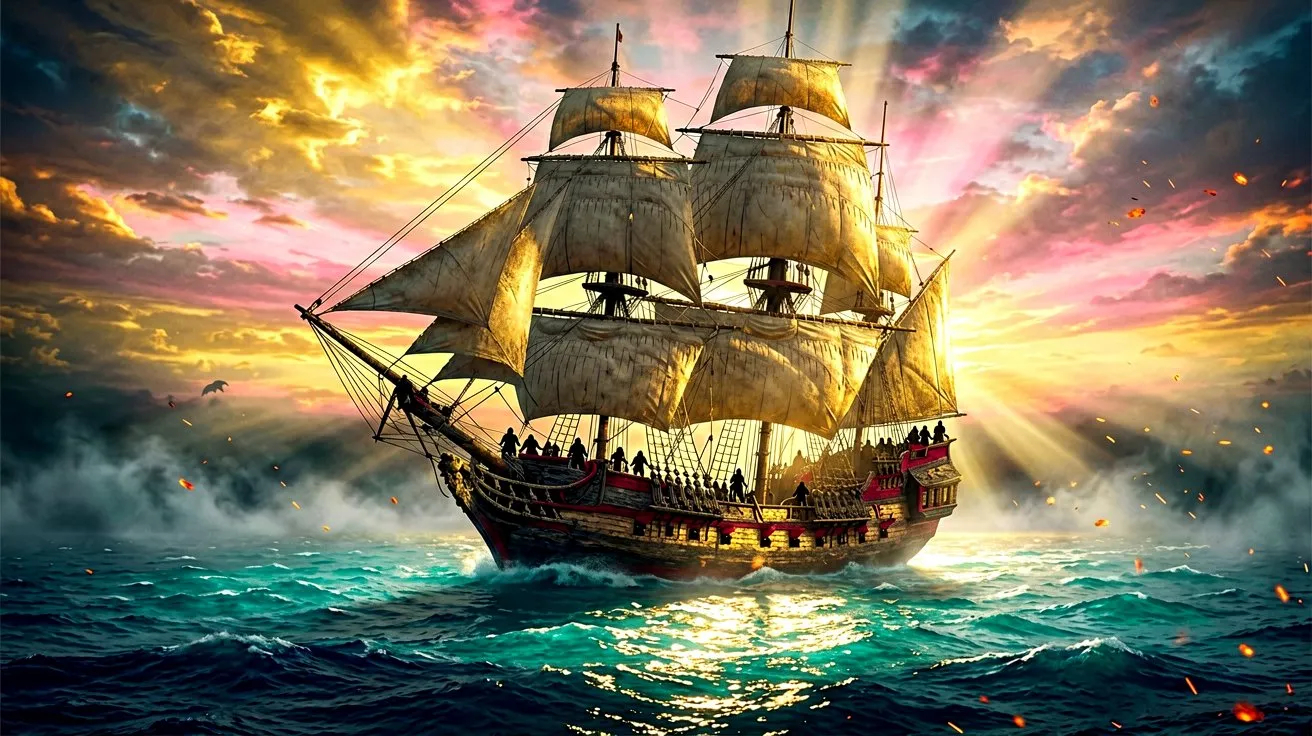 A spectacular panoramic view of a massive sailing galleon sailing through the Caribbean sea at dawn, evoking a celebratory atmosphere.