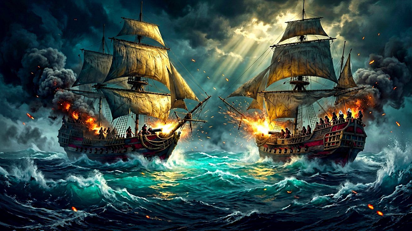 Two massive pirate ships exchanging broadside cannon fire in a stormy sea