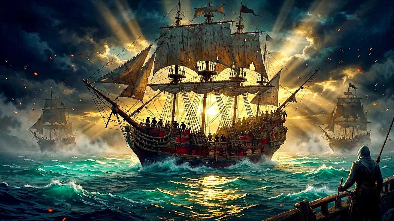 A breathtaking panoramic view of a massive sailing galleon on the Caribbean Sea at dawn, bathed in warm festive morning light.