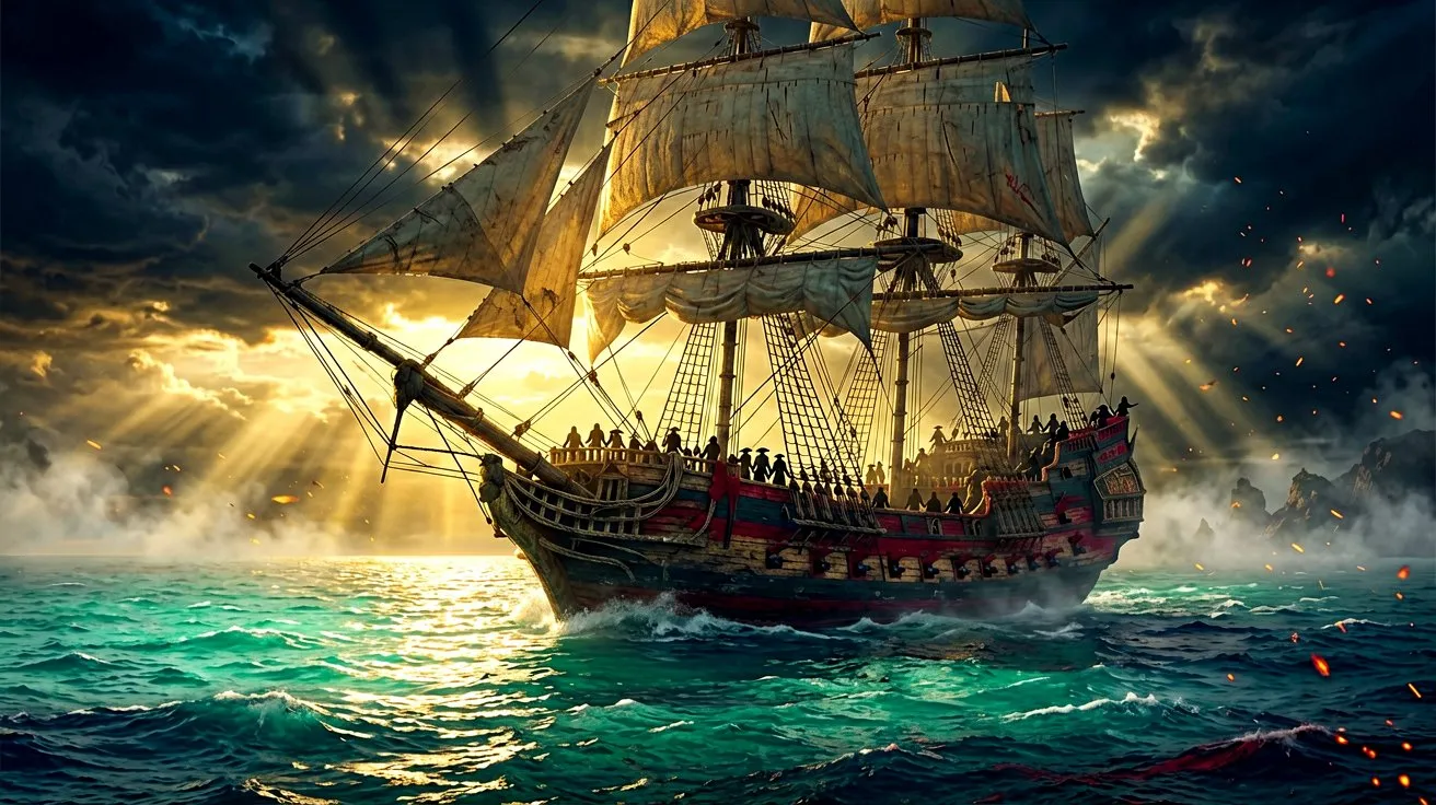 A majestic panoramic view of a massive sailing galleon on the Caribbean sea at dawn, conveying a celebratory and grand atmosphere for the game's first sale.