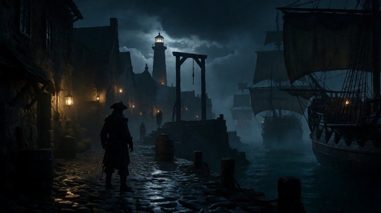 Silhouette of a gloomy colonial harbor town at night with a distant gallows and lighthouse, reflecting the dark tone of Abstergo's modern-day secrets.
