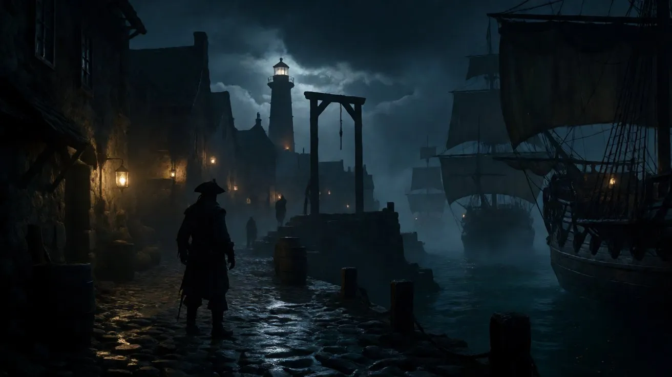 Silhouette of a gloomy colonial harbor town at night with a distant gallows and lighthouse, reflecting the dark tone of Abstergo's modern-day secrets.