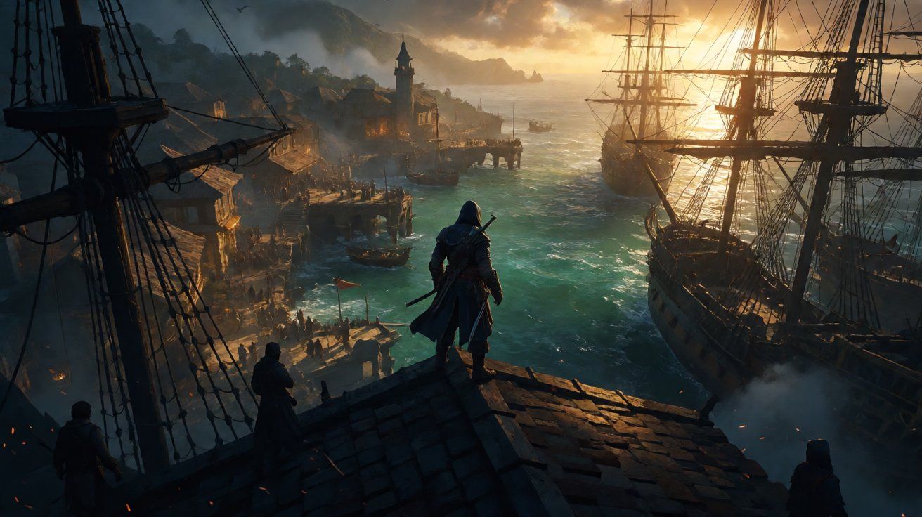 A silhouette of an assassin overlooking a bustling colonial Caribbean harbor with docked galleons and the Jackdaw at sunset.