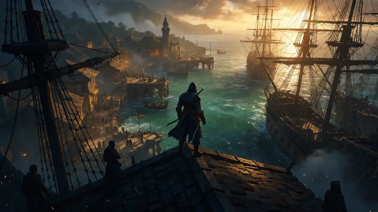 A silhouette of an assassin overlooking a bustling colonial Caribbean harbor with docked galleons and the Jackdaw at sunset.