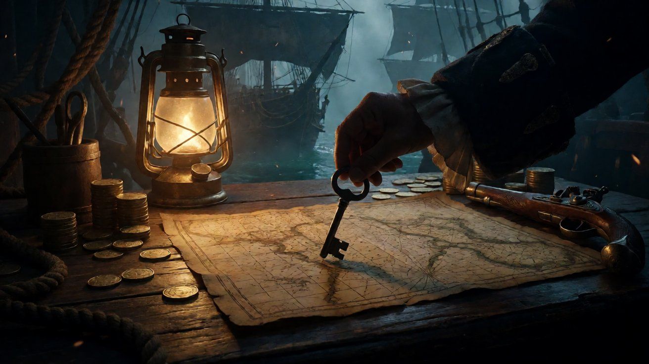 A lone pirate's hand securing a heavy iron key on top of a detailed nautical parchment map inside a ship cabin.