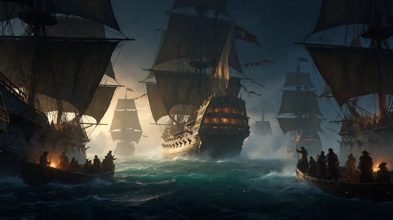 A spectacular panoramic view of a massive sailing galleon on the Caribbean Sea at dawn, featuring a festive atmosphere.