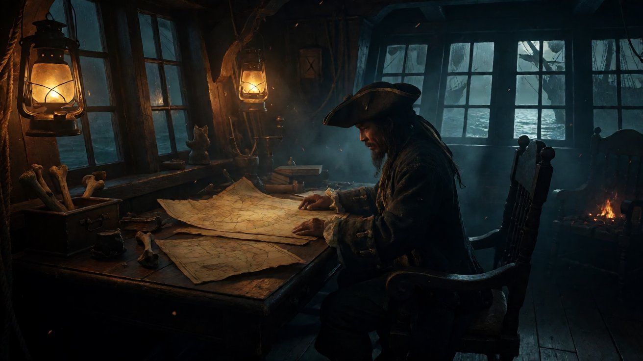A dimly lit captain's cabin filled with scattered yellowed maps and mysterious ancient bones under lantern light.