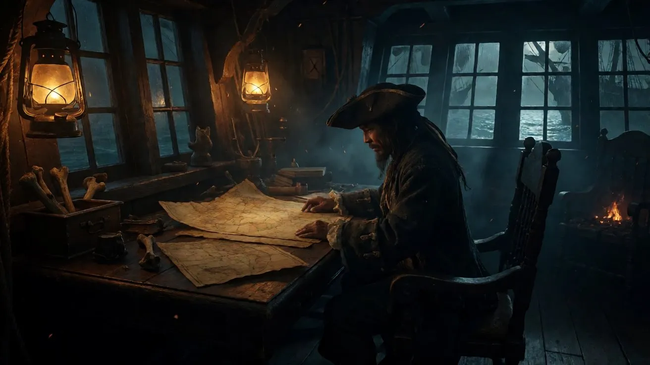 A dimly lit captain's cabin filled with scattered yellowed maps and mysterious ancient bones under lantern light.