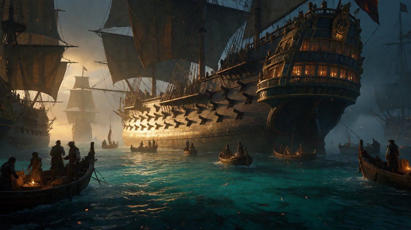 A sweeping panoramic view of a massive sailing warship anchored in the dawn Caribbean sea, surrounded by a festive atmosphere with golden sunlight.