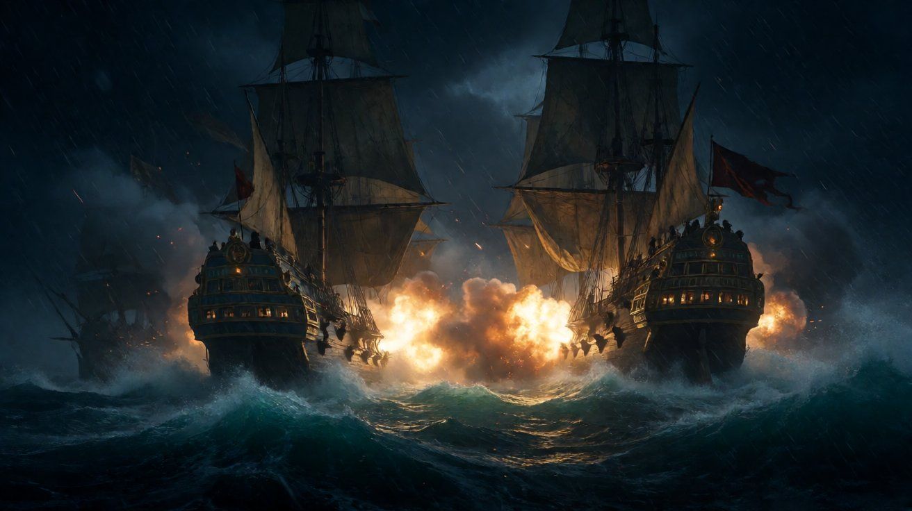 Two massive wooden galleons exchanging devastating broadside cannon fire amidst a dark, stormy ocean.
