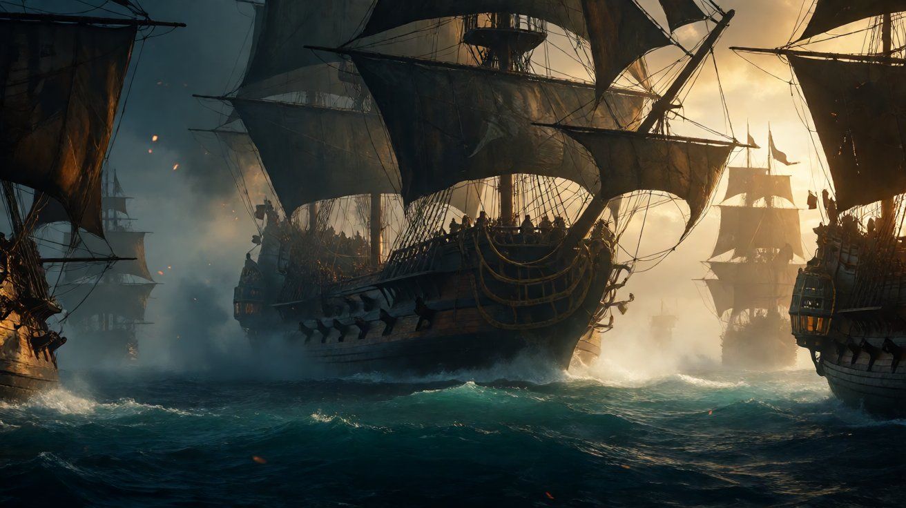 A massive sailing galleon silhouetted against a brilliant Caribbean dawn.