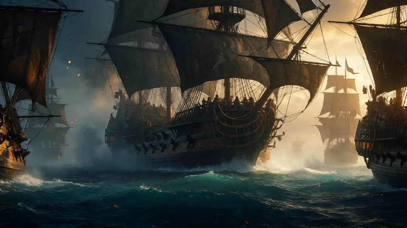 A massive sailing galleon silhouetted against a brilliant Caribbean dawn.