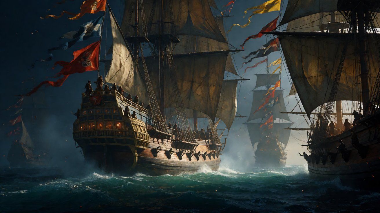 A breathtaking panoramic view of a massive sailing galleon in the Caribbean at dawn, surrounded by a festive atmosphere.