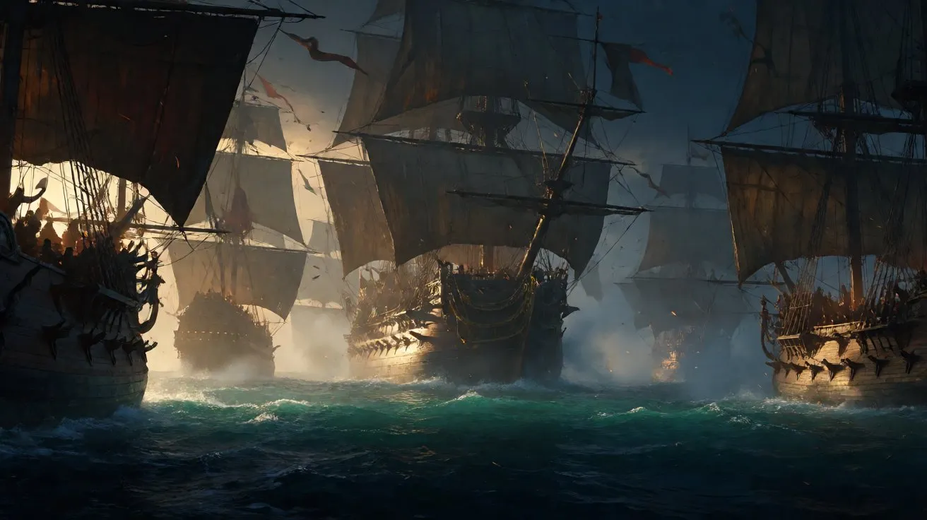 A massive sailing warship bathed in the golden light of dawn on the Caribbean Sea, conveying a sense of adventure and triumph.