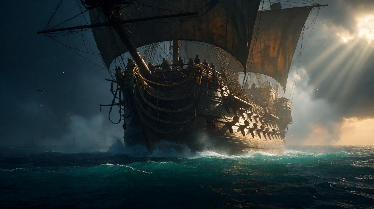 A majestic sailing ship in the Caribbean Sea at dawn, representing the latest community updates and PC performance news for Black Flag Resynced.