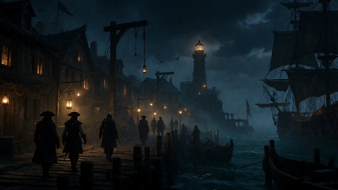 A dark and atmospheric harbor town at night with silhouettes of pirates and a distant lighthouse