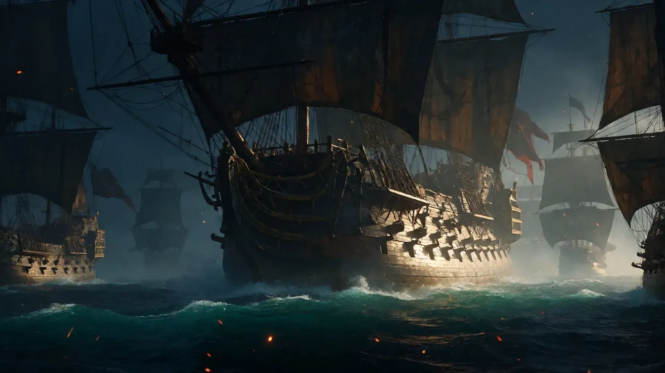 A massive sailing warship on the dawn Caribbean sea, creating a grand atmosphere.
