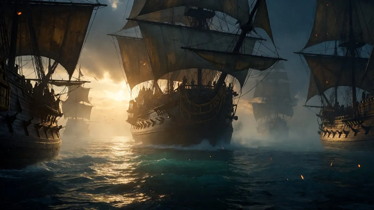 A breathtaking panoramic view of a galleon sailing at dawn in the Caribbean, representing the smooth sailing expected after patching performance issues.