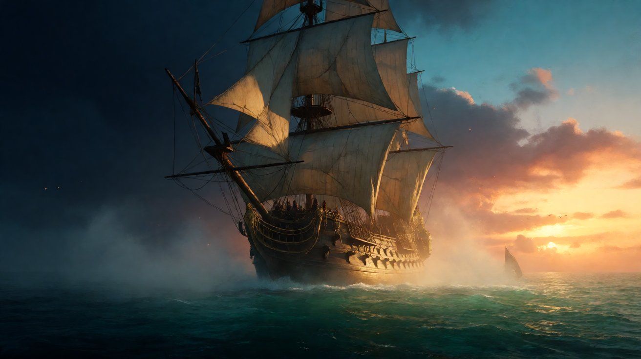 A breathtaking panoramic view of a massive sailing warship on the Caribbean Sea at dawn, symbolizing strong performance and community celebration.