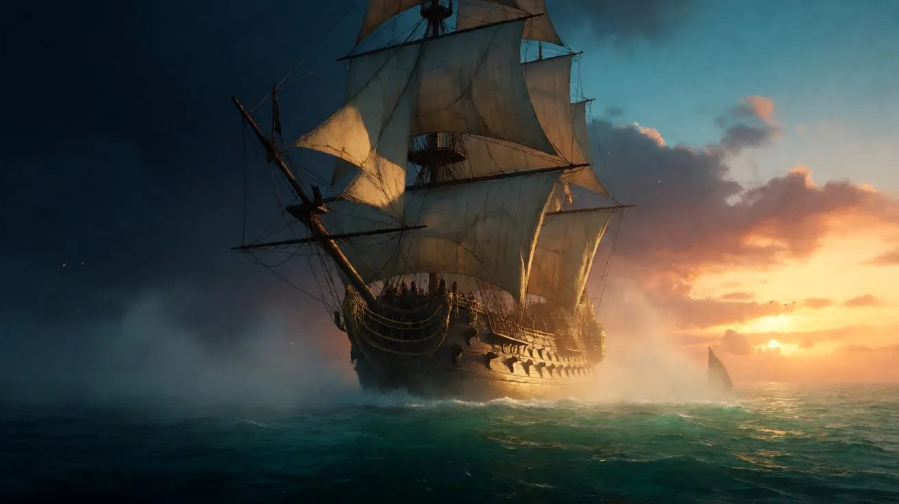 A breathtaking panoramic view of a massive sailing warship on the Caribbean Sea at dawn, symbolizing strong performance and community celebration.