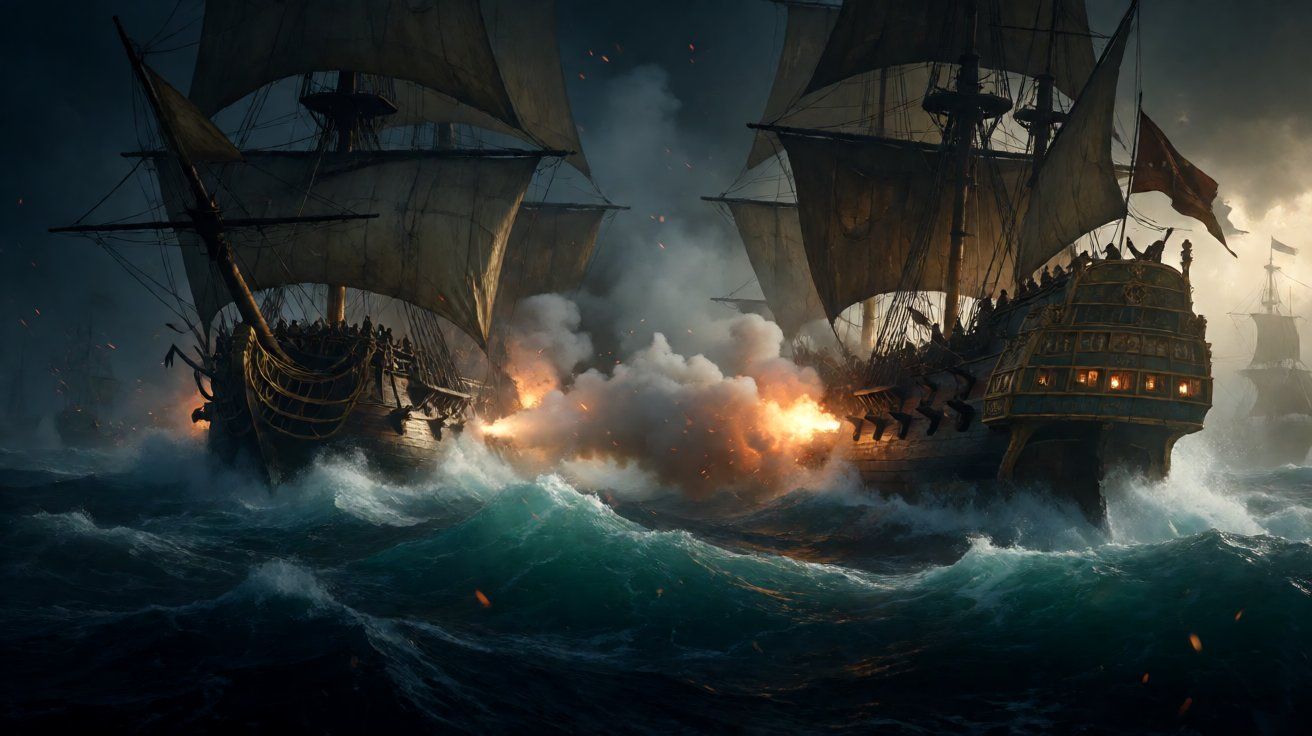 Two sailing warships firing broadsides at each other in turbulent Caribbean waters amidst smoke and embers.