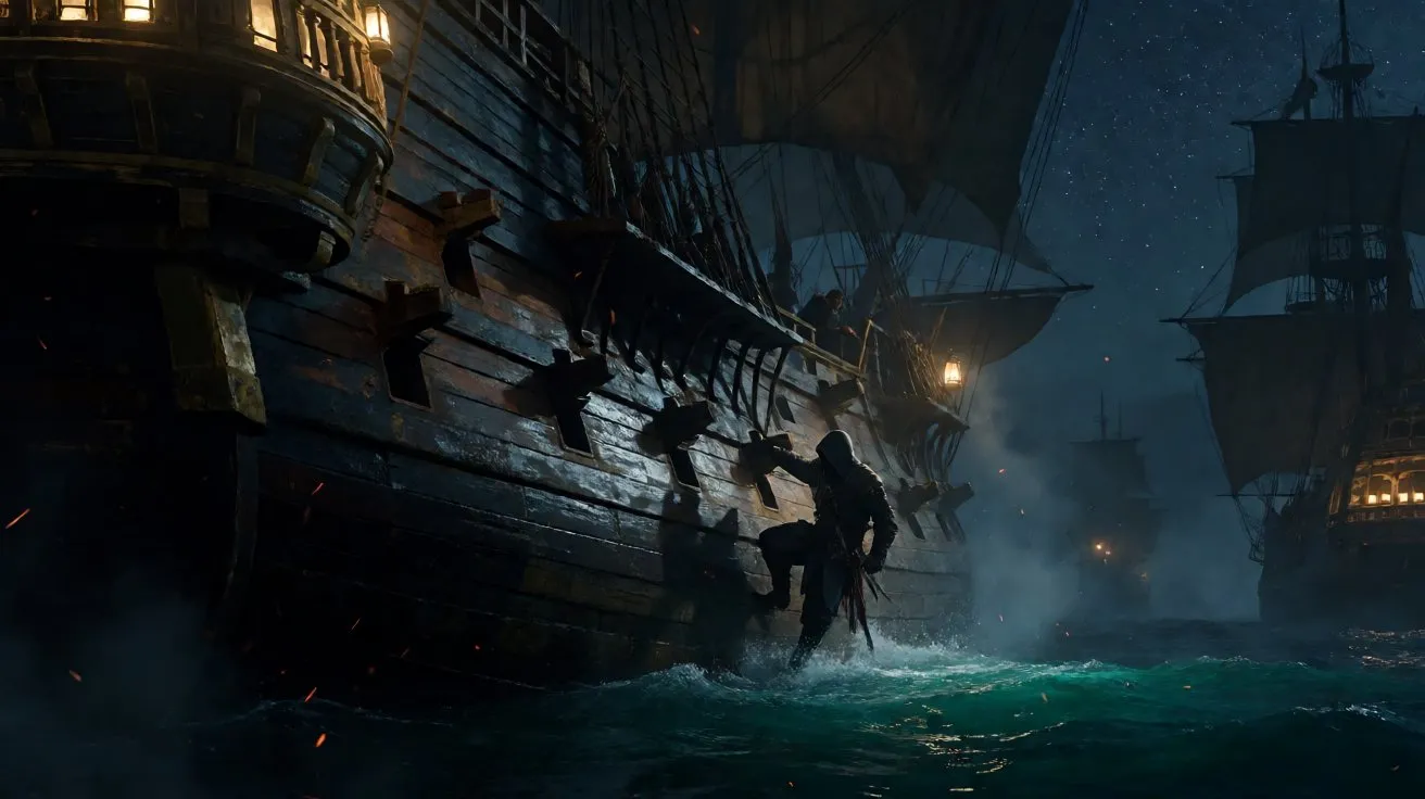 A lone assassin silhouette scaling the wooden hull of a massive galleon from the ocean at night.
