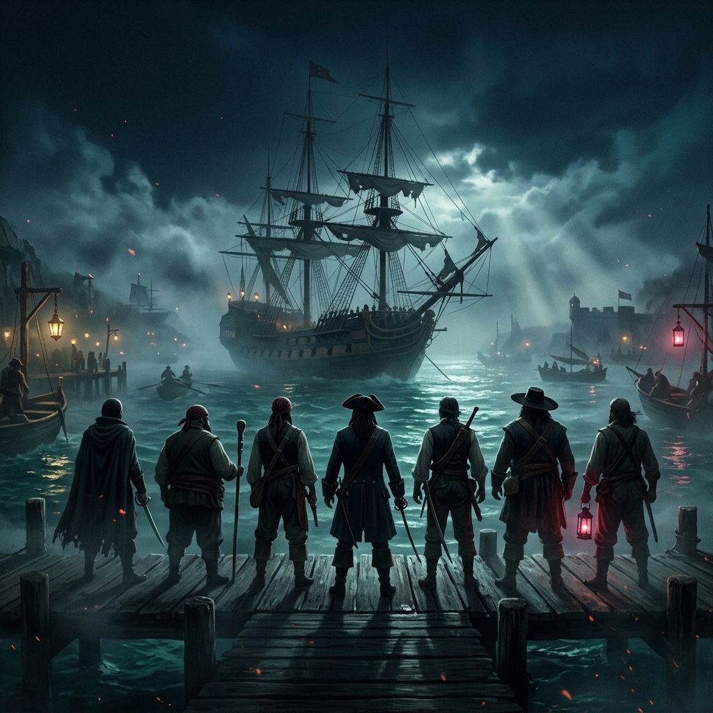A row of varied silhouetted pirate figures standing on a foggy wooden dock, viewed from behind, facing a moored tall ship.