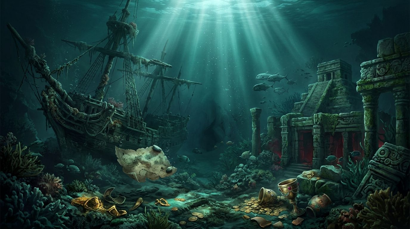 A sunlit underwater shipwreck and Mayan-style ruins on the seabed with scattered treasure and a floating sea chart.