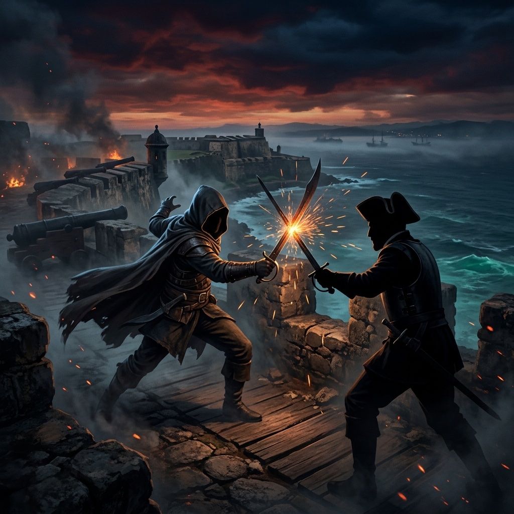 A cloaked figure parrying with a curved cutlass against a silhouetted soldier on a stone fort rampart at dusk, sparks flying.