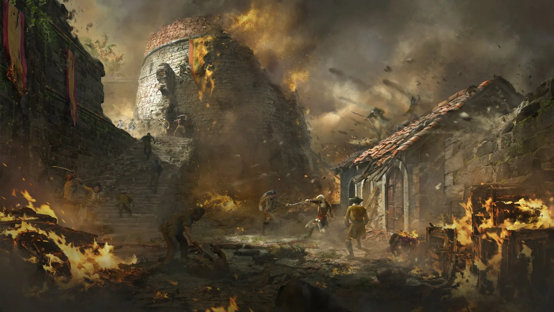 Official Black Flag Resynced concept art of a fort battle.