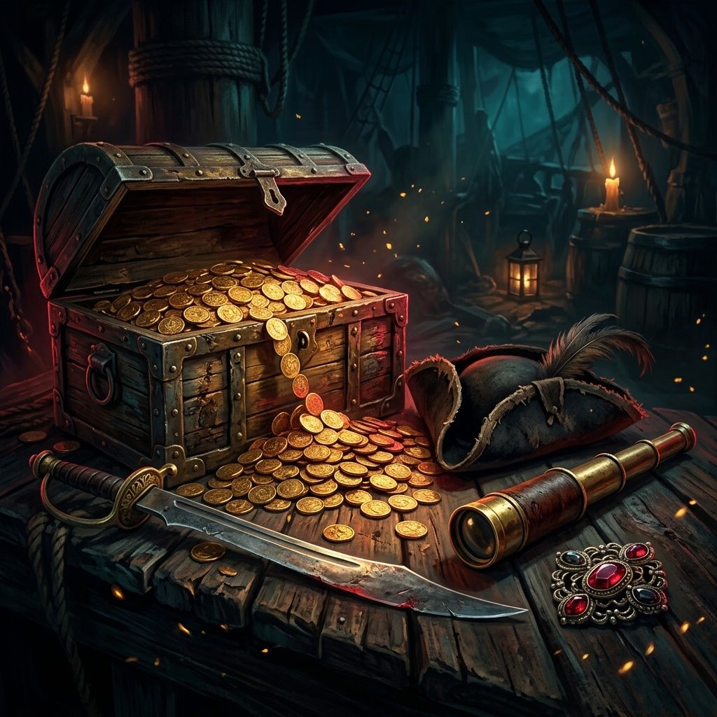 A pirate treasure spread — an open chest of gold coins, a cutlass, a tricorne hat and a spyglass on dark weathered wood.