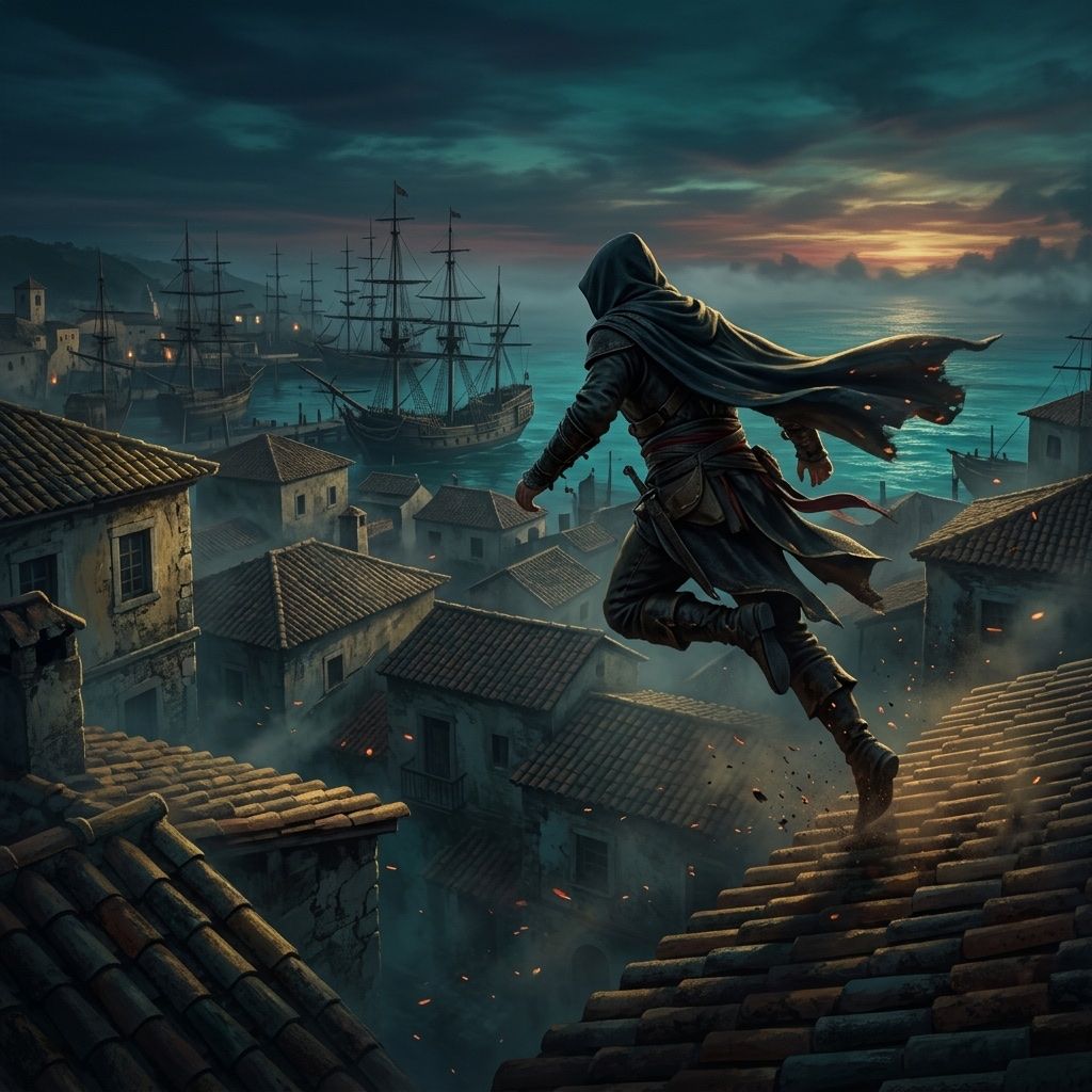 A hooded assassin mid-leap across the rooftops of a colonial Caribbean port at dusk, cloak streaming.