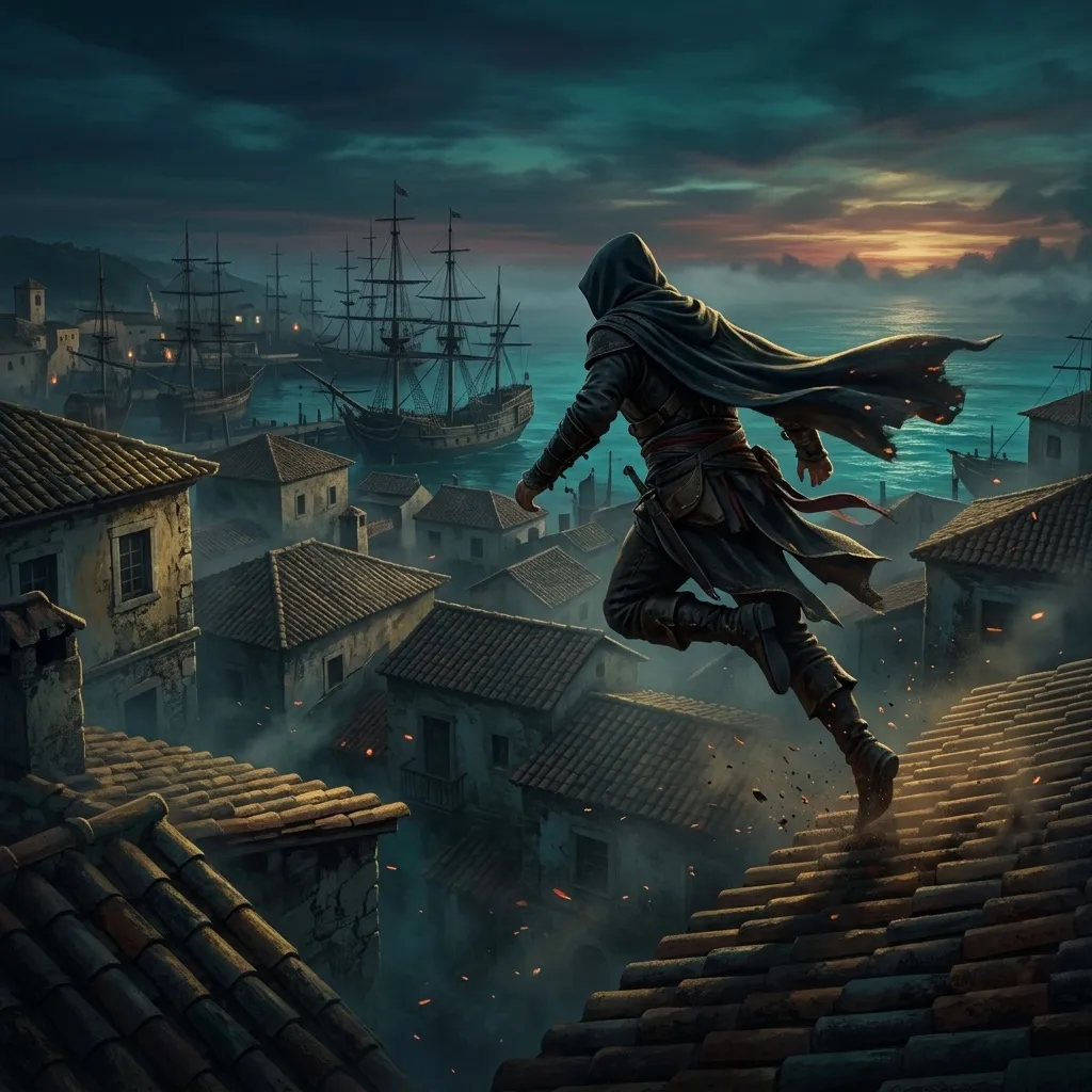 A hooded assassin leaping across rooftops at dusk.