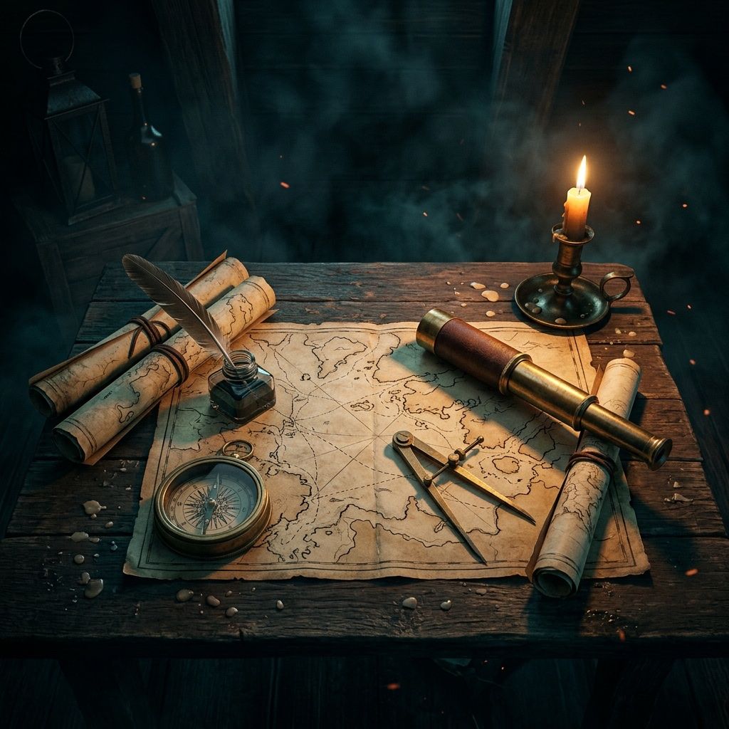 An overhead view of a weathered captain's chart table in warm candlelight with maps, a brass compass and a spyglass.